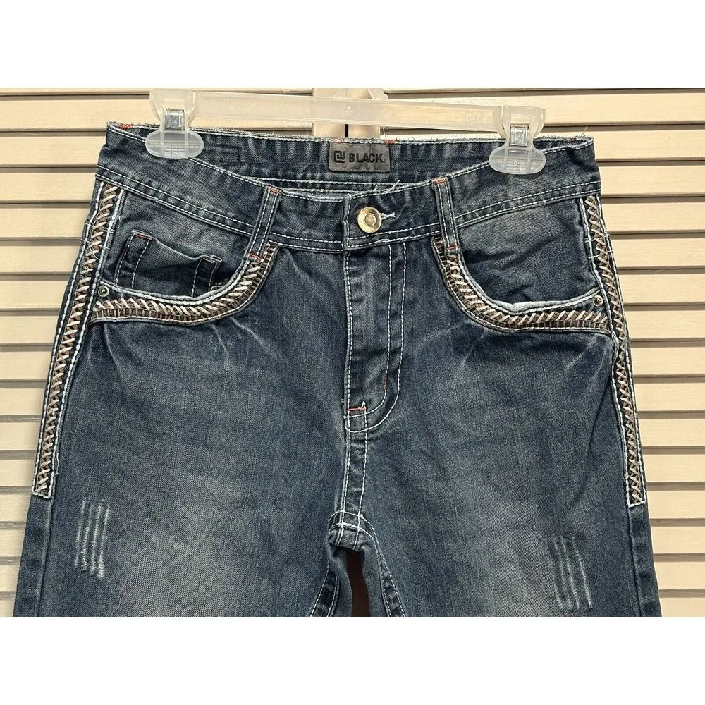 BLACK Medium Wash‎ Relaxed Straight Blue Jeans Denim Pocket Stitching Size 28x30 - Image 2