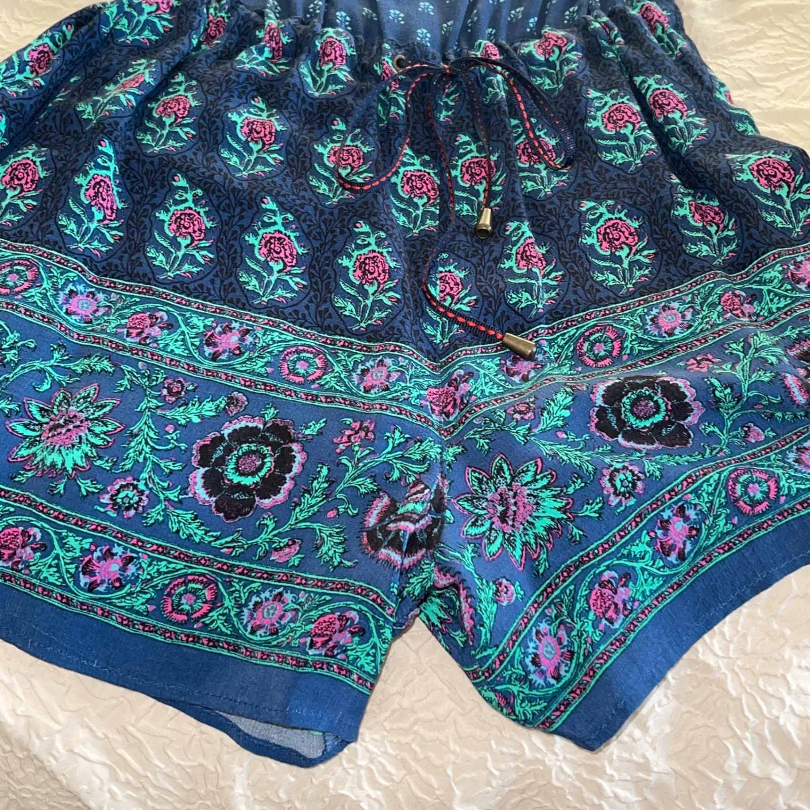 Anthropologie Boho Romper Off Shoulder‎ Floral Print Drawstring Waist Navy XS - Image 8