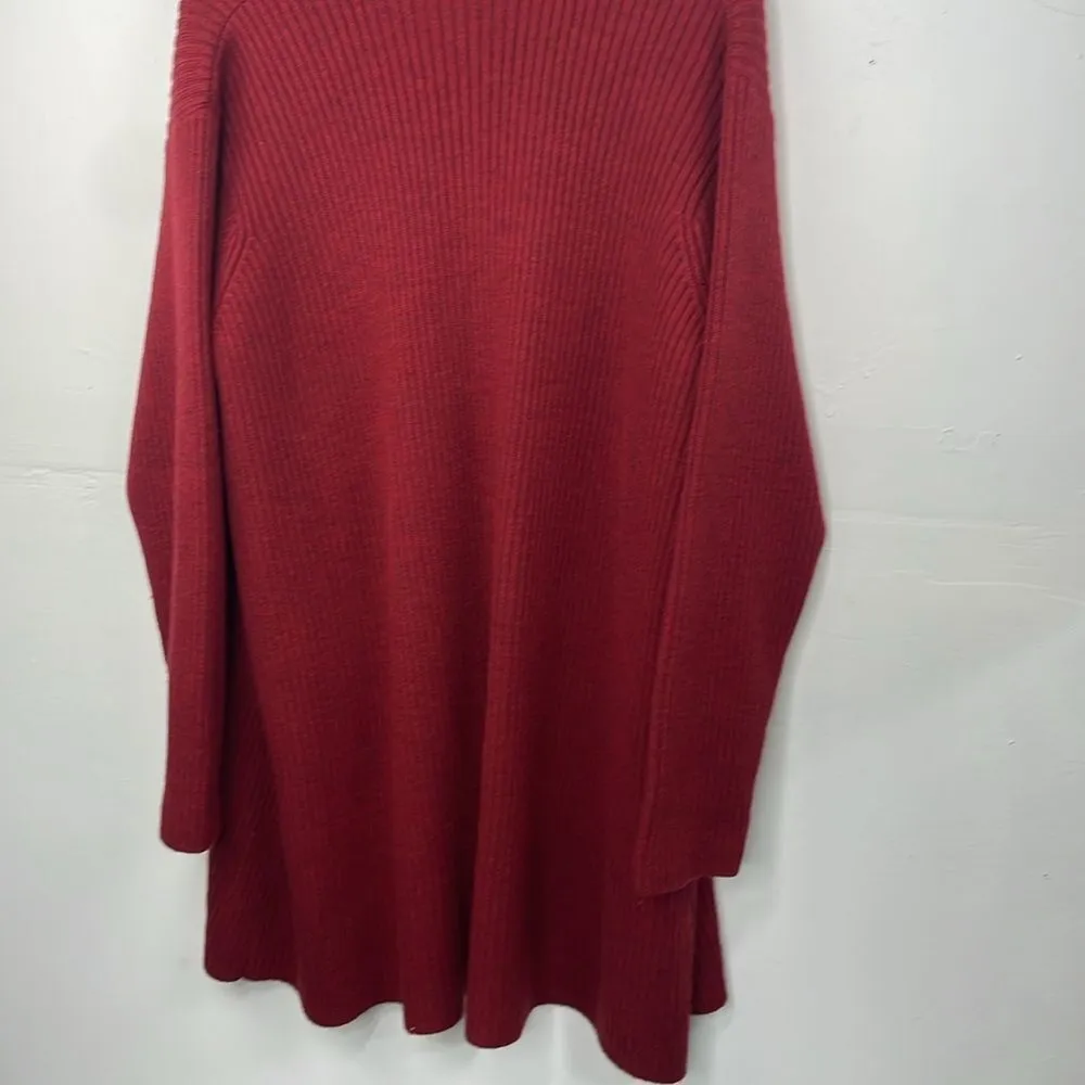Eileen Fisher Open Front Ribbed Cardigan Sweater 100% Merino Wool Deep Red Med - Image 7