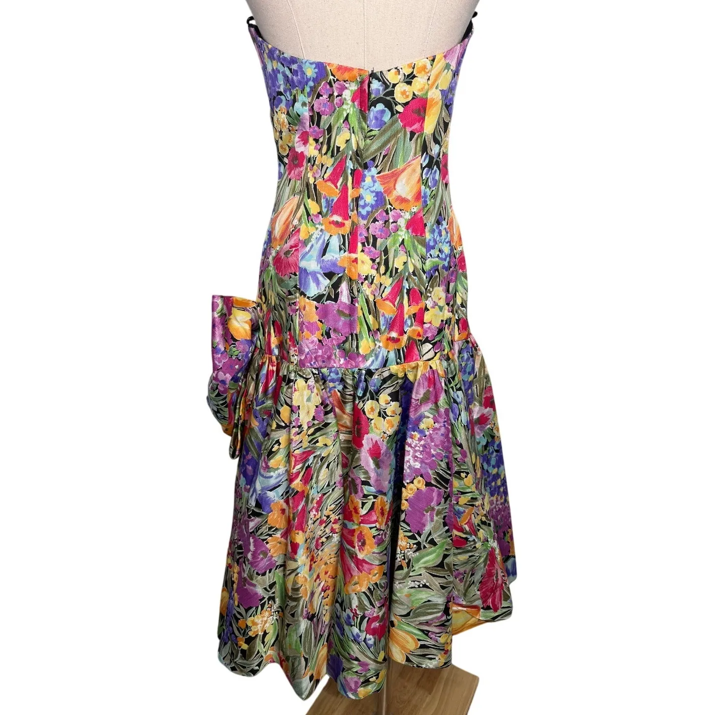 Victor Costa vintage 80s floral drop bow waist strapless party dress size 2 XS Purple - Image 4