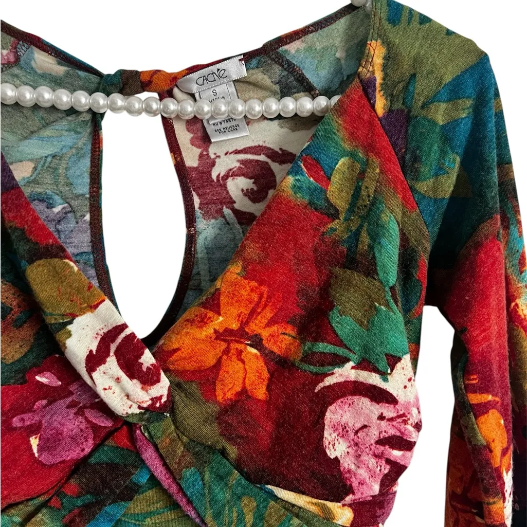 Caché vtg 90s y2k floral knot criss cross bodycon top floral blouse small - Image 2