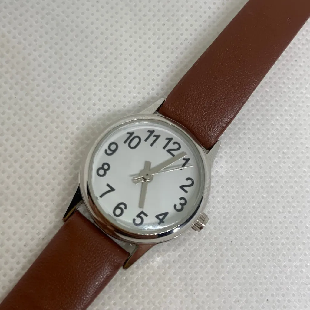 FMD women watch 23mm silver tone case quartz analog brown leather running - Image 2