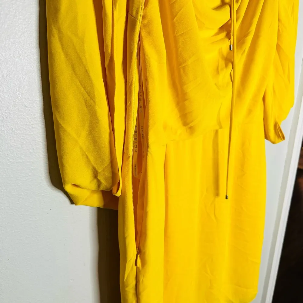 HALSTON HERITAGE Yellow Silky Georgette Cape Sleeve Open Back Mini Dress Size 4 - Image 11