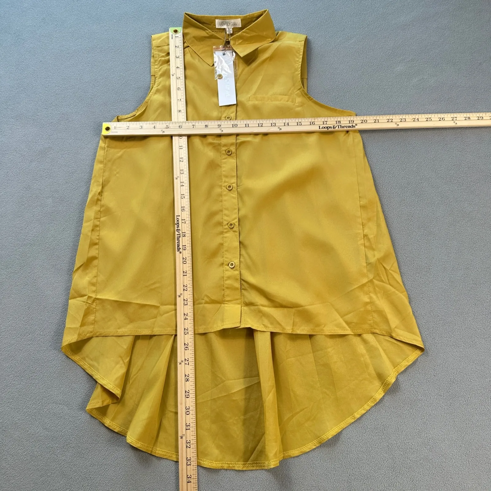 Lovelygirl Button Up Shirt Top L Mustard Yellow Sleeveless High Low Pleated NWT Size L - Image 3