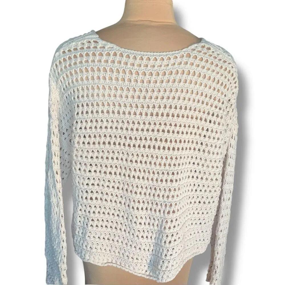 Oatmeal Cream Crochet Cropped Knit Open-Weave Vneck Oversized Pullover Sweater - Image 7