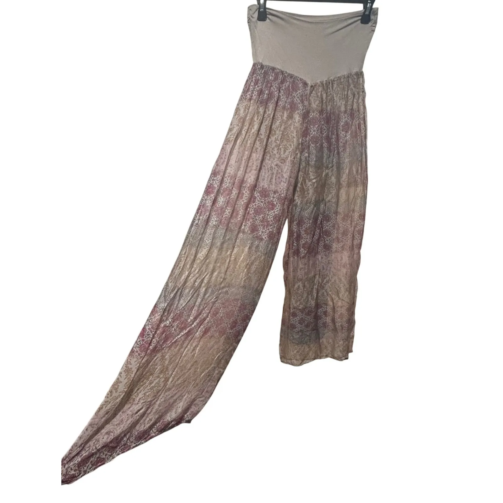 Florencia Italian‎ Boho Paisley Print Wide Leg Pants Sheer Bohemian Flowy Lounge Tan - Image 2