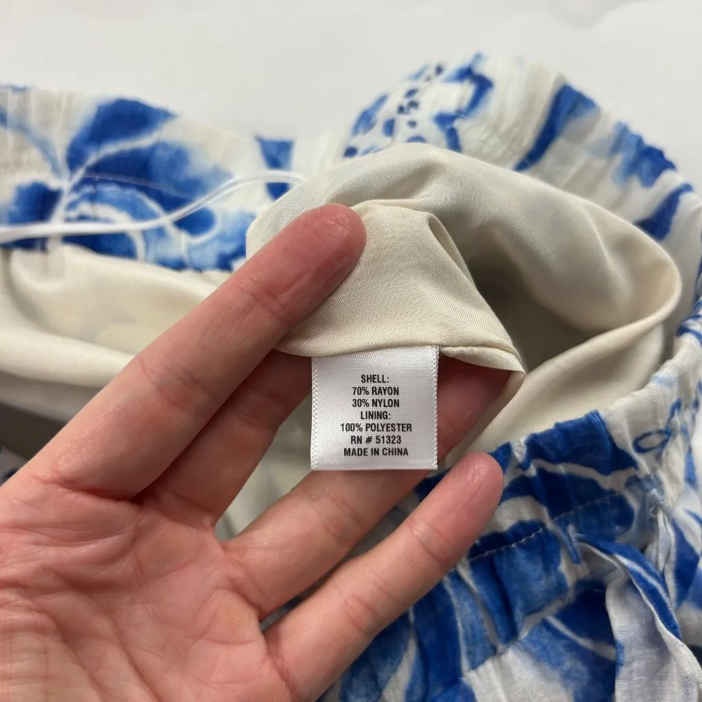 Vince Camuto Blue Cream Floral Stencil Print Crinkle Gauze Wide Leg Pant M - Image 5