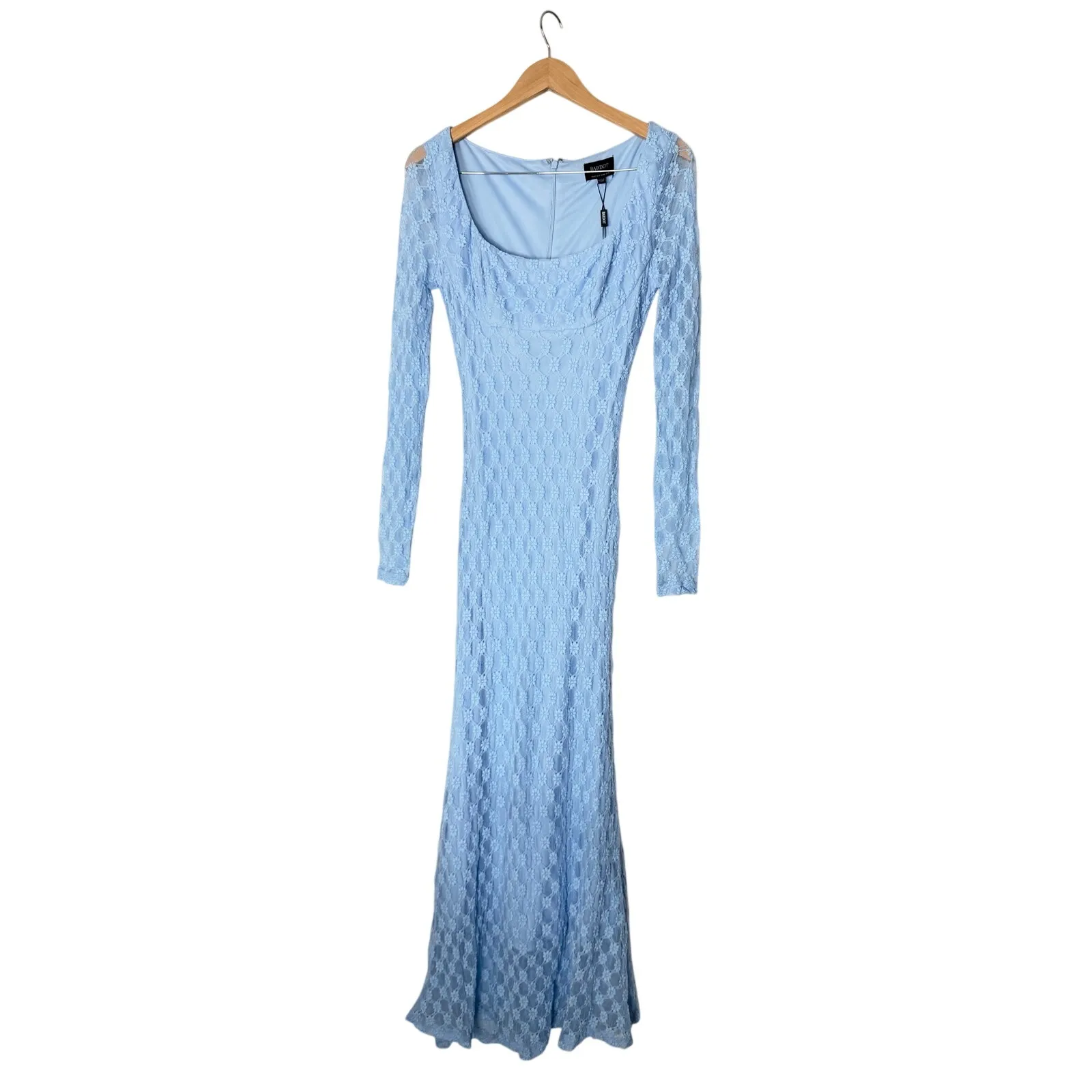 Bardot Lace Mesh Midi Dress in Light Blue Size Large Long Sleeve Square Neck NEW - Image 5