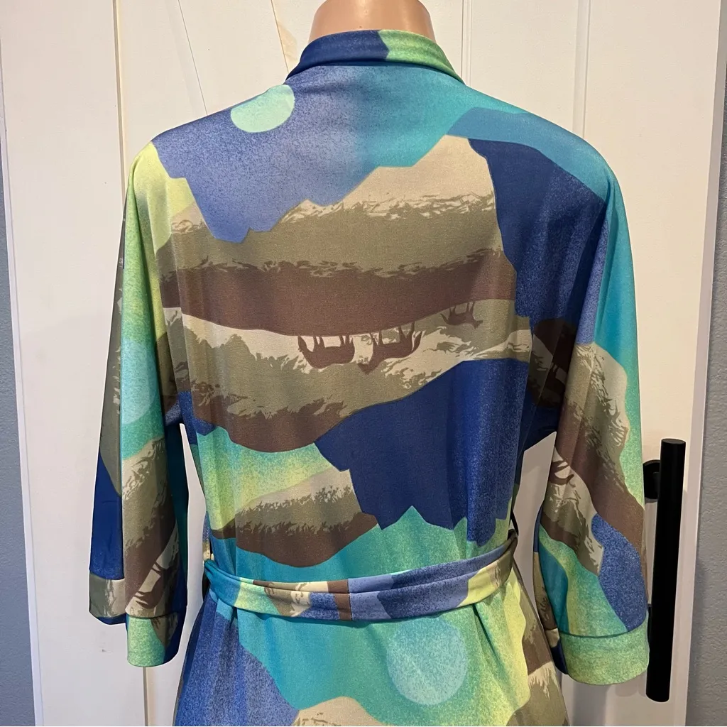 Vintage size 36 Sears kimono Qiana nylon Robe western horse moon mountain scene Blue - Image 12