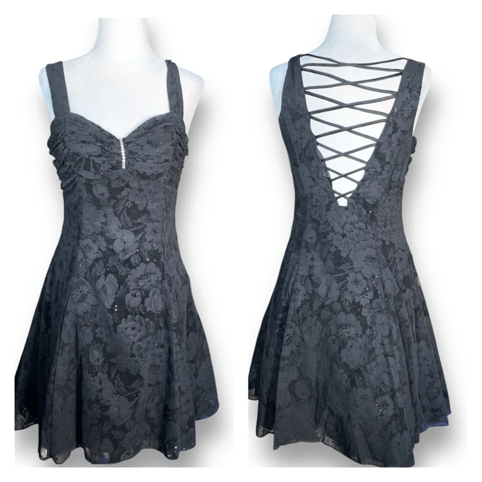 Vintage 90s Zum Zum Black Flocked Floral Fit & Flare Mini Dress Open Back Small - Image 3