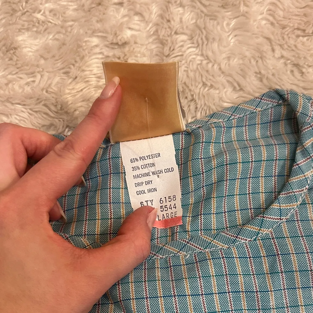 Deadstock Vintage 70s Blue Plaid Button Down Shirt Prarie Cottagecore Eber Size L - Image 4