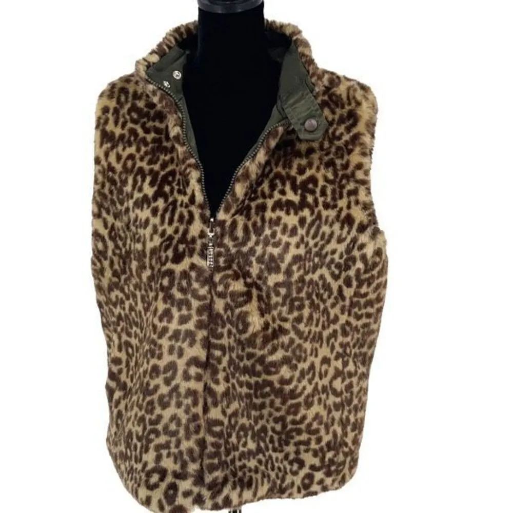 Guess Womens Faux‎ Fur Vest Animal Print Reversible Full Zip Tan Green Medium - Image 3