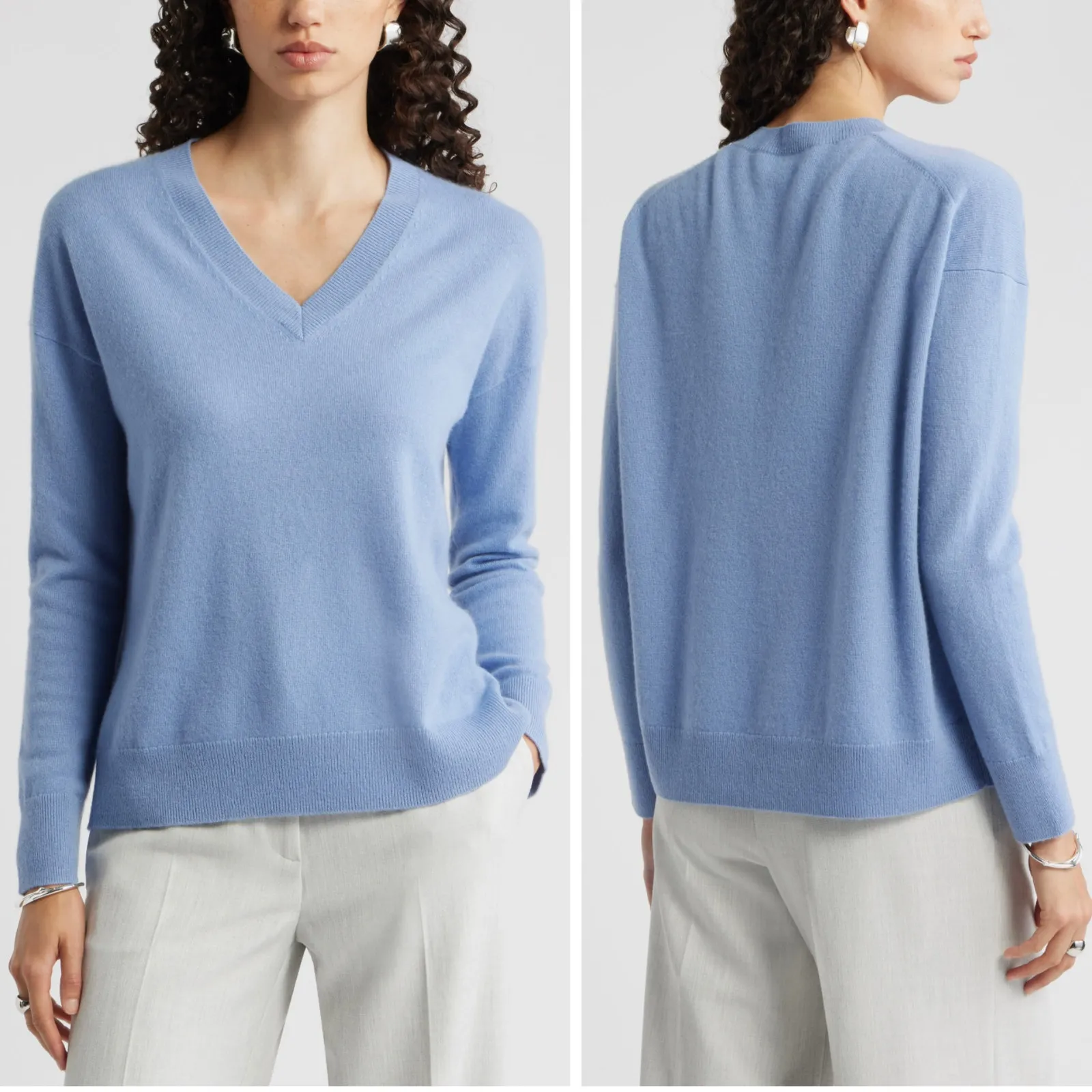 NORDSTROM V-Neck 100% Cashmere Sweater in Blue Bel Air Size Large NEW - Image 2