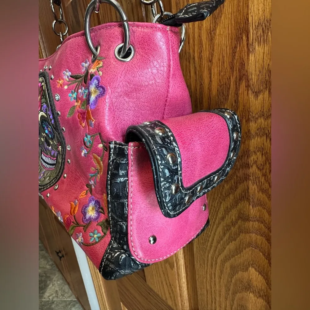 Sugar Skull Handbag Concealed Carry Shoulder Day Of The Dead Purse Pink Black - Image 3