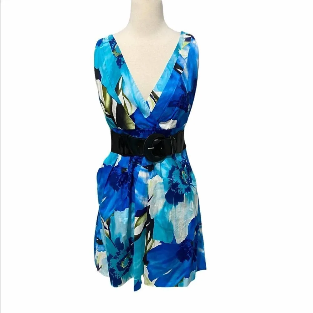 Corey P. Sleeveless Floral Tropical Print Mini Dress‎ Belt Mini Dress Blue 10 Blue - Image 2