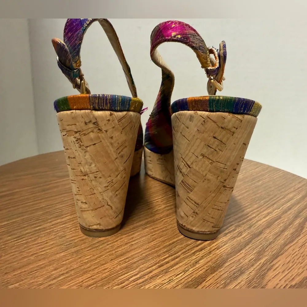 Stuart Weitzman Women's Slingback Multicolor Gingham Peep Toe Wedge Platform - Image 4