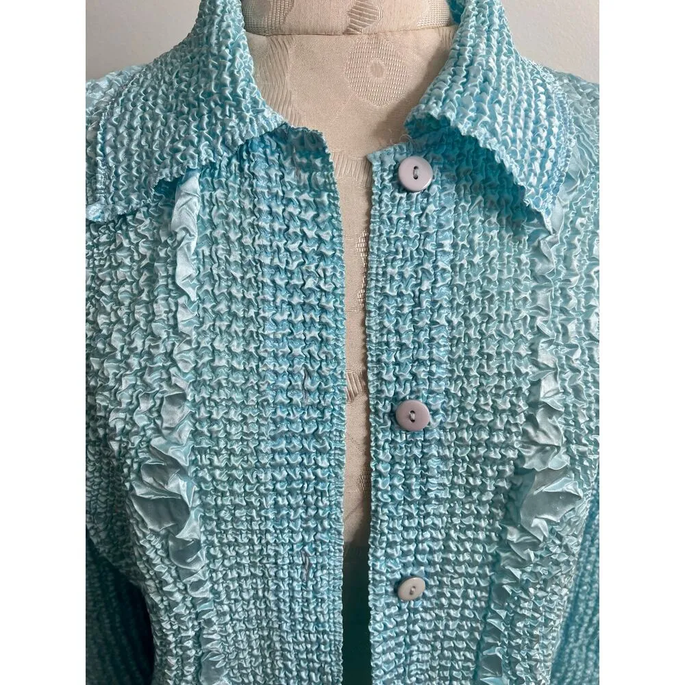 Vintage Bala Bala Crinkle Texture Button Up Blouse Medium Blue - Image 4