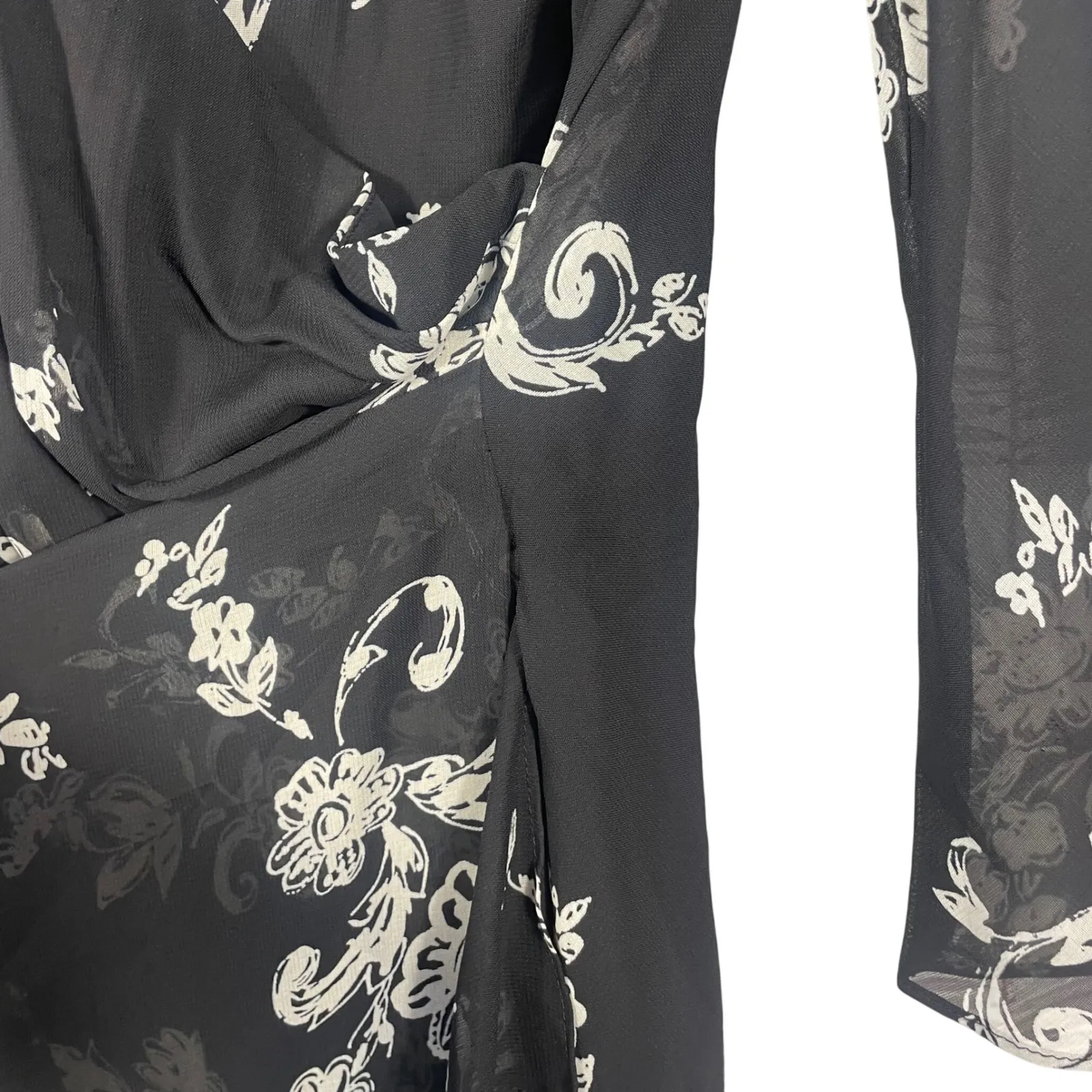 Vtg Donna Ricco‎ New York Black White Floral Print Midi Dress Women's 14 Draped - Image 5