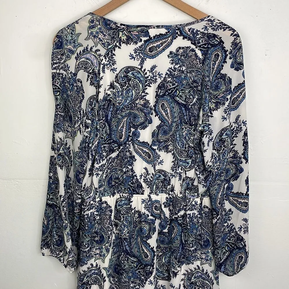 DR2 Shift Dress Paisley Print front tussles split sleeves size Medium Blue - Image 10
