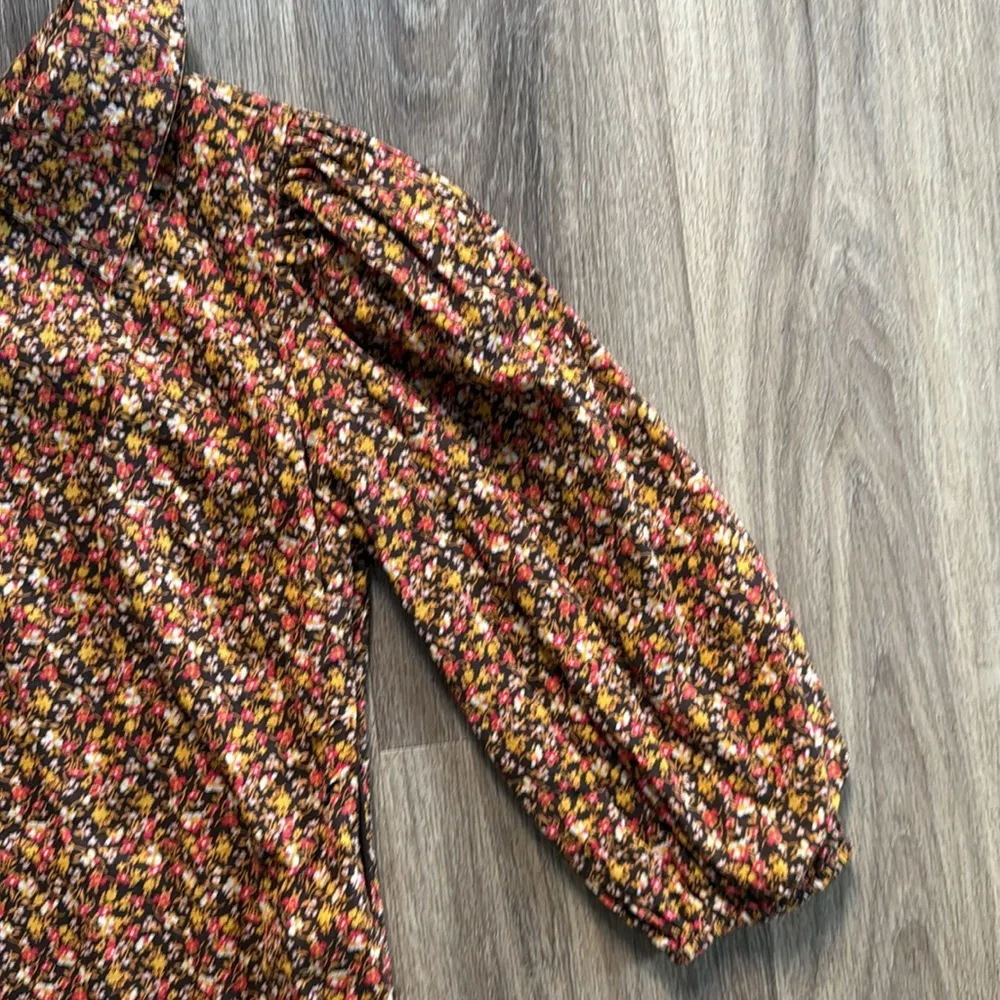 Free People Brown Printed Floral  Sheath Mini Dress Small 3/4 Sleeves Collared - Image 9