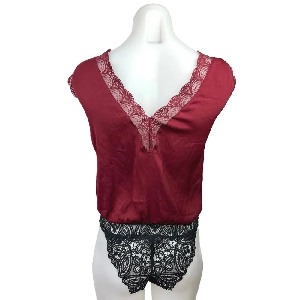 Free People hit The Dance floor Red Black Lace Cap Sleeve Blouse Bodysuit Top  S - Image 6