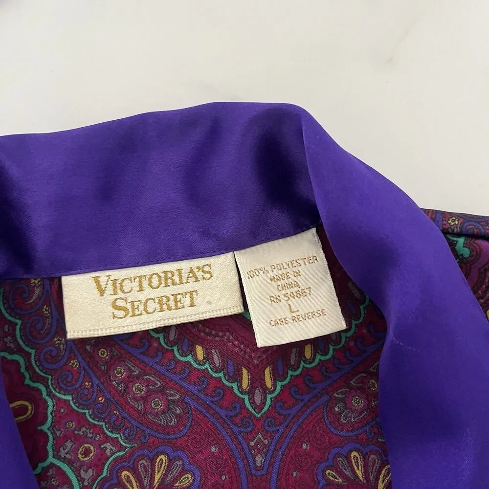 Victoria’s Secret Gold Label Vtg Satin Shirt Dress Paisley Purple Asian Sz Large - Image 3