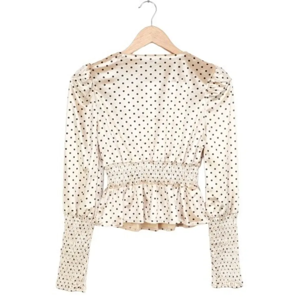 Lulus Top Chic Upgrade Champagne Polka Dot Velvet Smocked Blouse Size Small - Image 2