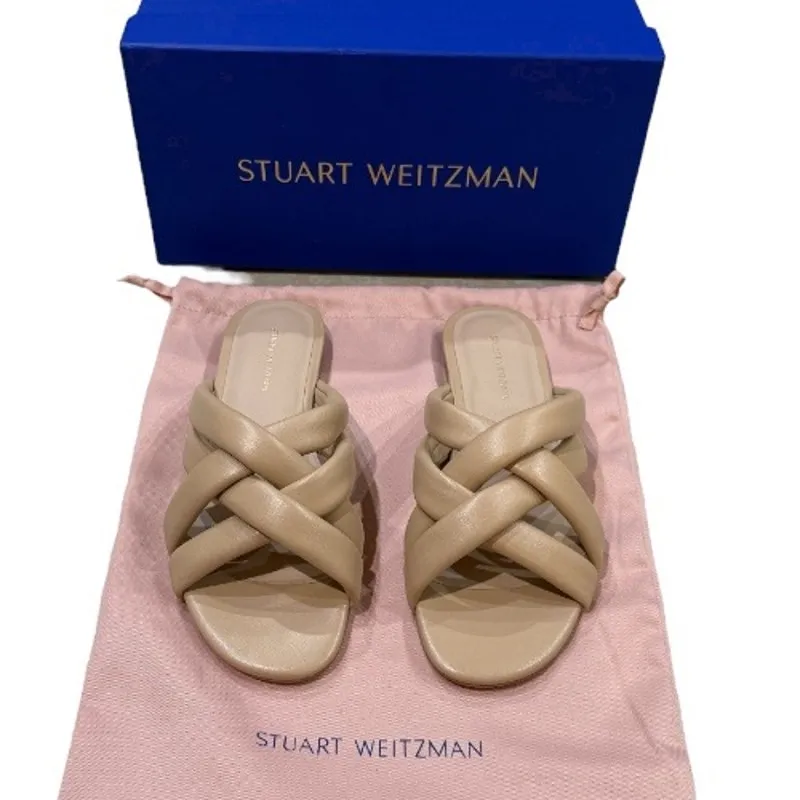 NEW Stuart Weitzman 7.5 Crossover Leather Slide Sandal Beige Tan Smooth Flat - Image 4