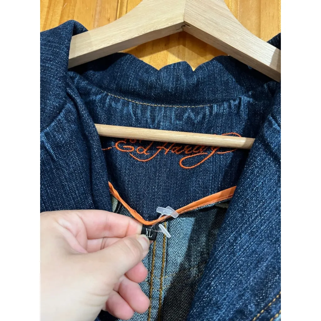 Y2K Ed Hardy AOP Embroidered Floral Skull Western Denim Duster Jacket XL - Image 2