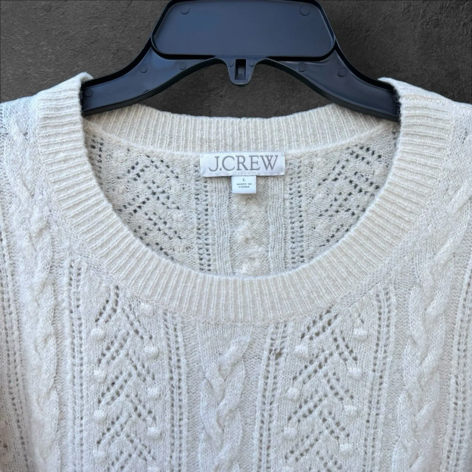 J. Crew Pointelle Cable Knit Sweater Size L Cream Alpaca Wool Crew Neck Preppy Size L - Image 2
