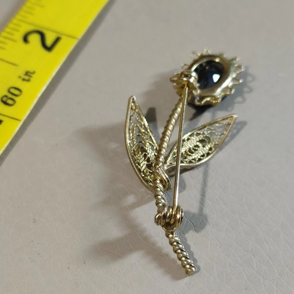 Smokey Quartz Floral Brooch Gilt Filigree Leaf Design Vintage Natural Gemstone Gold Size 2 - Image 4