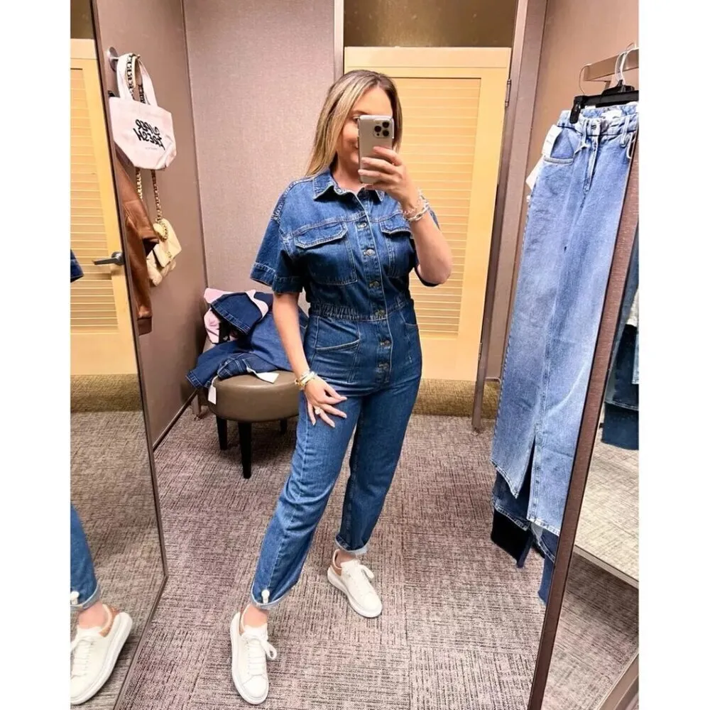 FREE PEOPLE Marci Denim Jumpsuit in Wash Sapphire Blue Size Large - Image 11