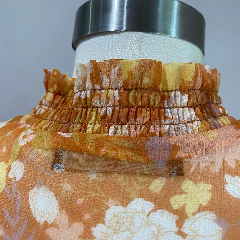 O.P.T X Anthropologie Orange Floral Sheer Smocked Long Sleeve Blouse - Image 9