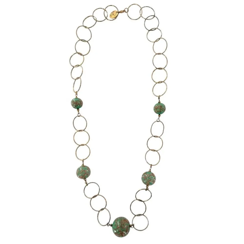 Venetiaurum Venetian Gold Specks Green Murano Glass Bead 24K Plate Link Necklace - Image 3