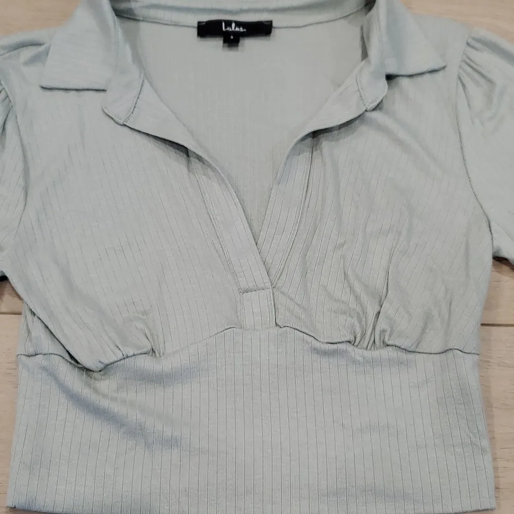 Lulu's Lookin' Flirty Sage Green Ribbed Collared Short Sleeve Crop Top - Image 5