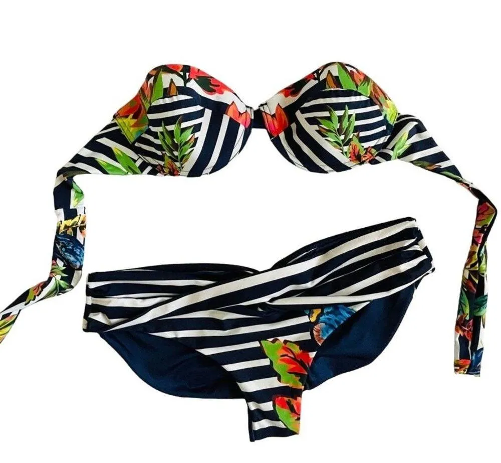 Agua Bendita Bikini Navy White Striped Floral Top and Bottom Swimsuit - Image 3