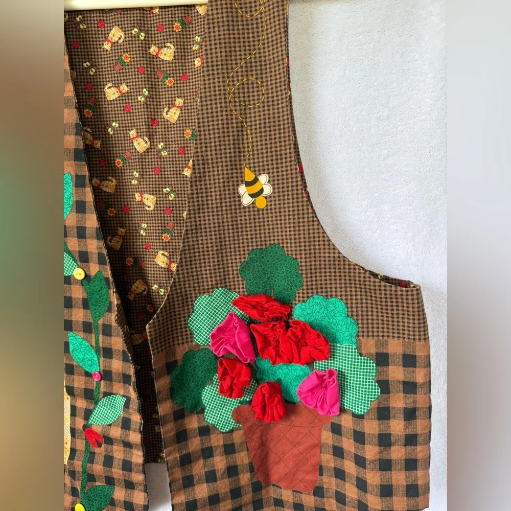 Handmade Large Brown Reversible Cat Floral Gingham Vest - Image 3