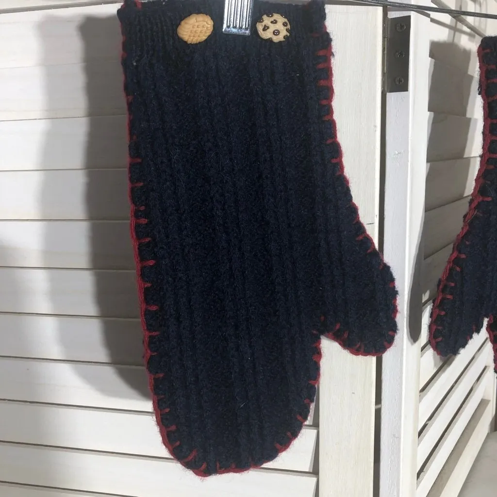 Vintage Thick Wool Knit Mittens Cookie Buttons Hand Crocheted Trim Navy Blue L - Image 10