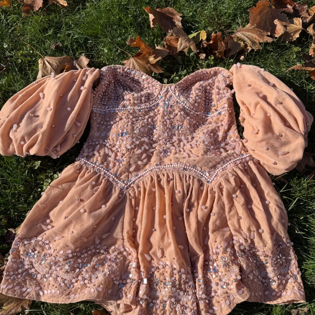 ASOS LUXE gem embellished off-shoulder puff sleeve velvet mini dress in peach - Image 4