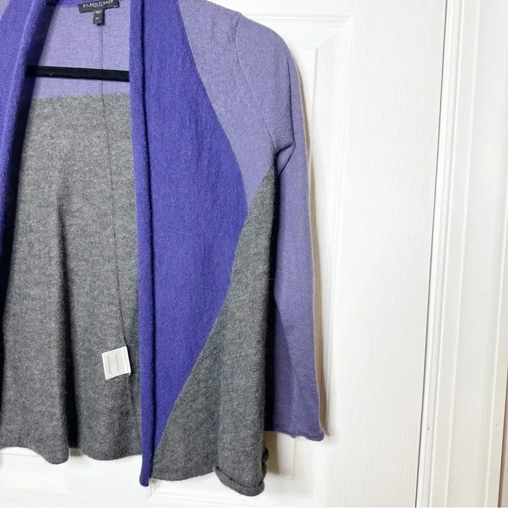 EILEEN FISHER 100% Royal Alpaca Color Block‎ Purple Gray Open Knit Cardigan 2P - Image 5