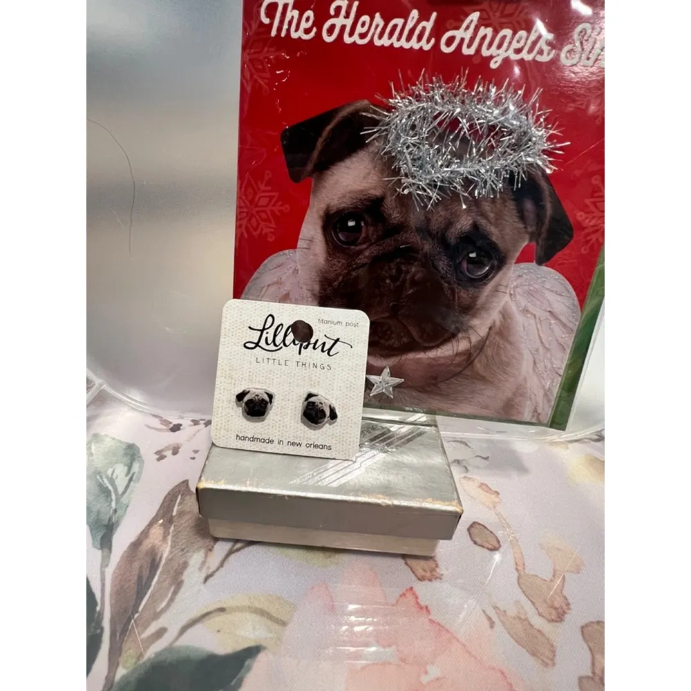 Women's Lillyput Little Things Pug Earrings & Christmas Greeting Card NWT Black - Image 3