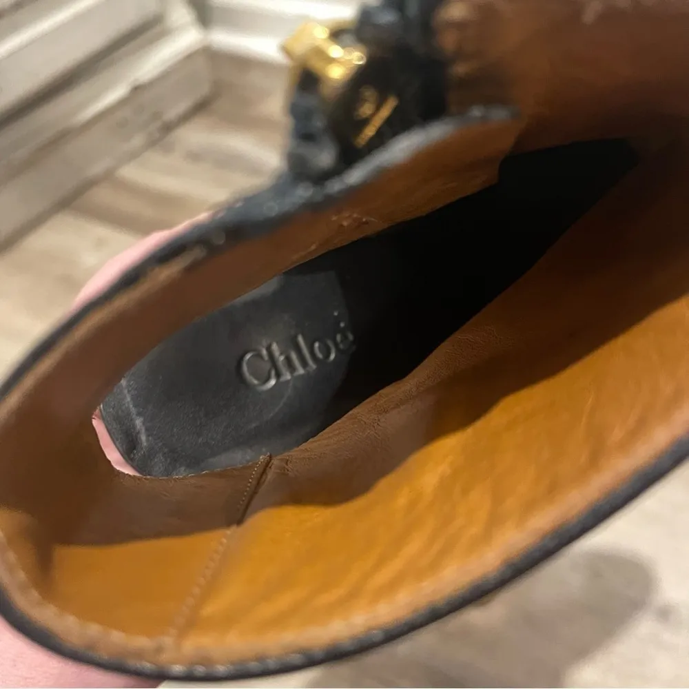 Chloe Open Back Wedge Boot in Black Leather with Gold Accents - Image 5