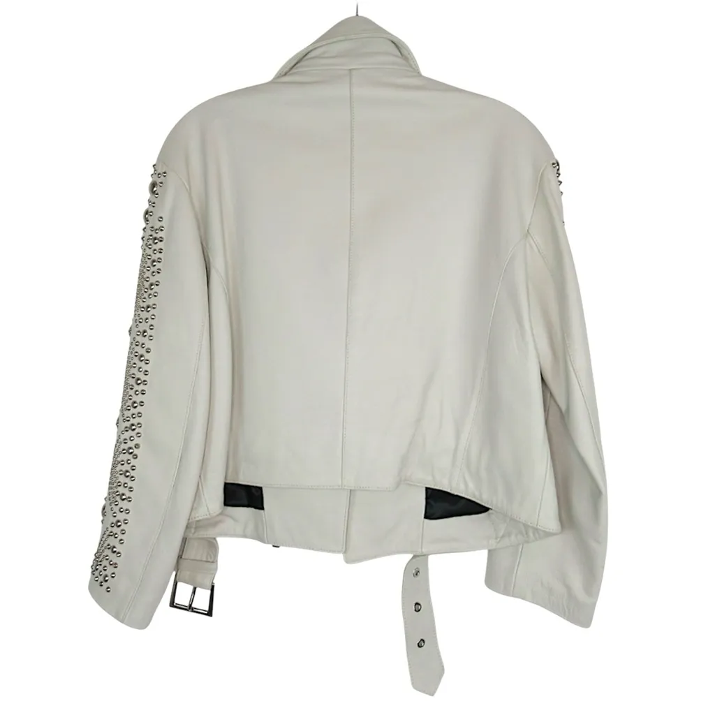NOUR HAMMOUR White Studded Lambskin Leather Moto Jacket Women's 42 US Size 10 - Image 4