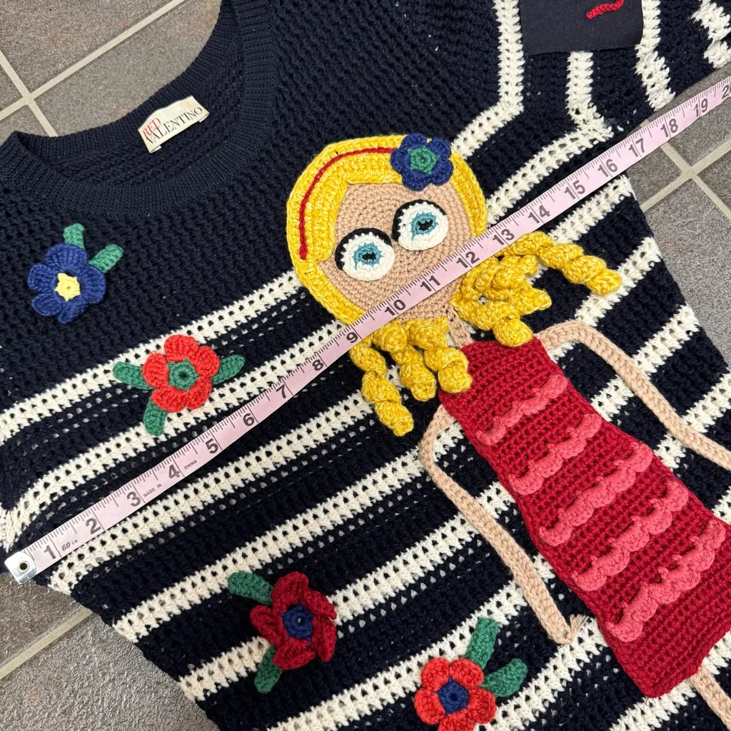 RED Valentino London Kaye Long Sleeve Knit Sweater Dress Stripes Crochet Medium - Image 14