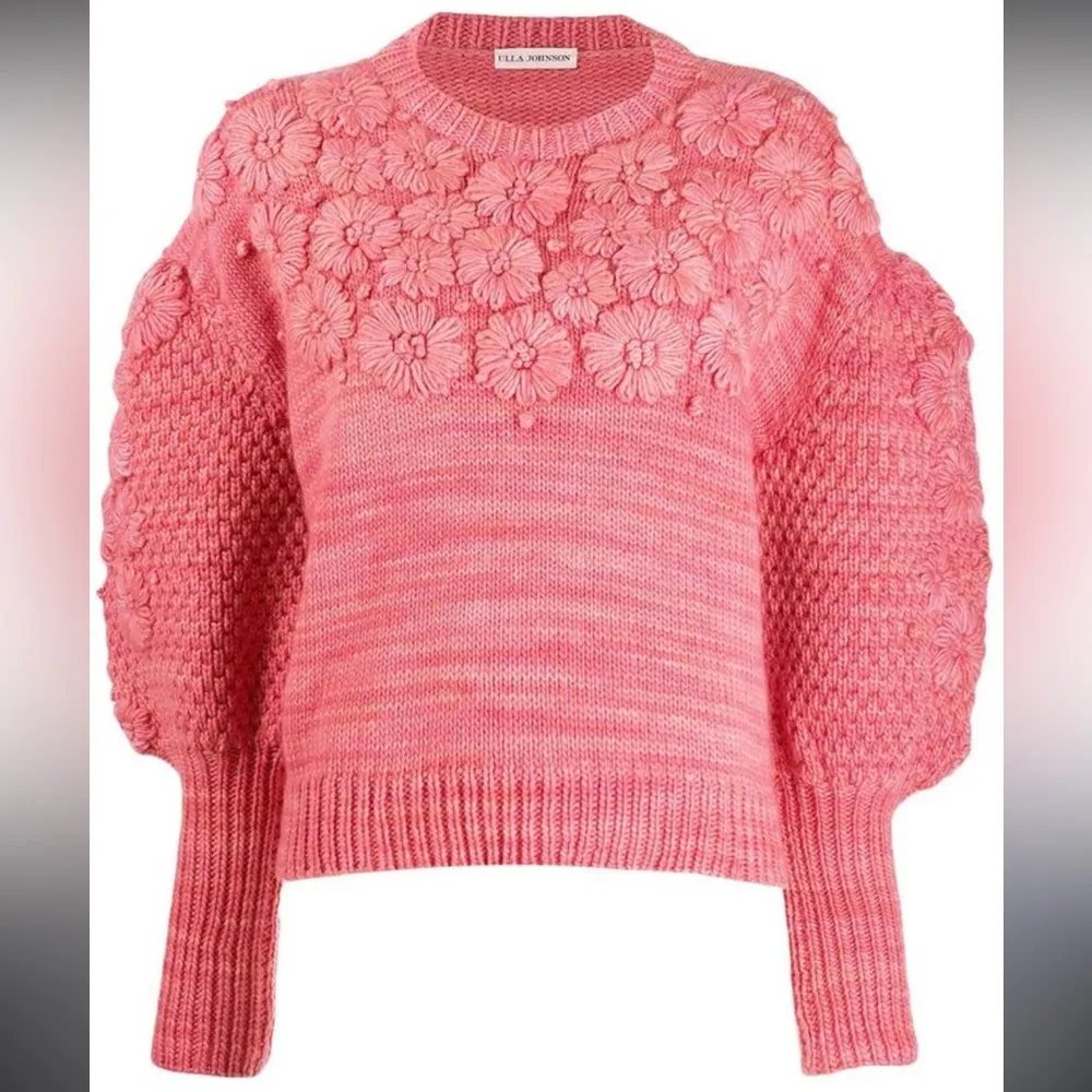 Ulla Johnson Ciel Merino Wool Sweater Floral Hand knit Embroidered Rose Large - Image 11