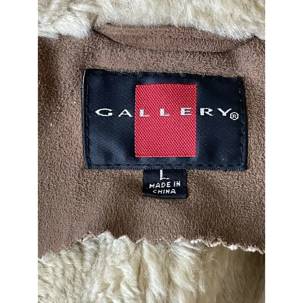 Gallery Women’s Jacket Faux Suede Leather Faux Fur Beige Size Large Hooded - Image 9