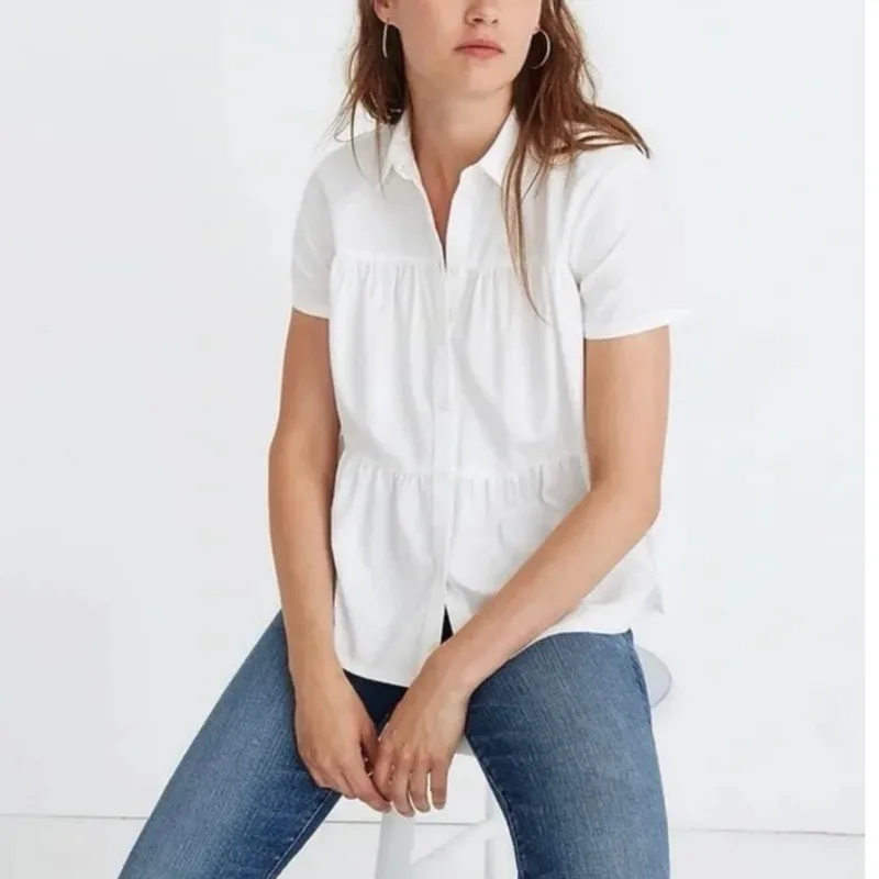 Madewell White Tiered Seamed Button Down Top small blouse crisp clean girl aesth - Image 2