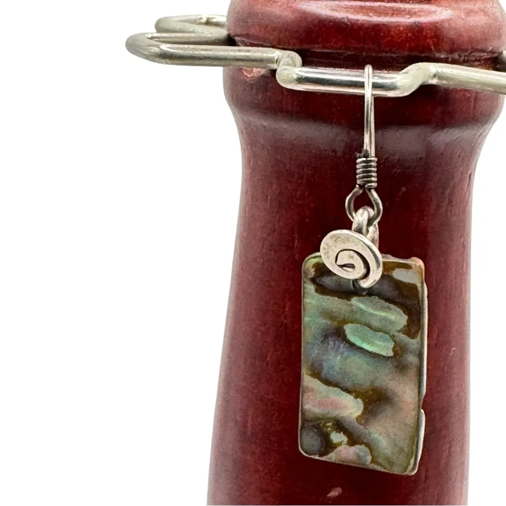 Abalone Shell Rectangle Dangle Earrings Iridescent Silver Tone Black - Image 2