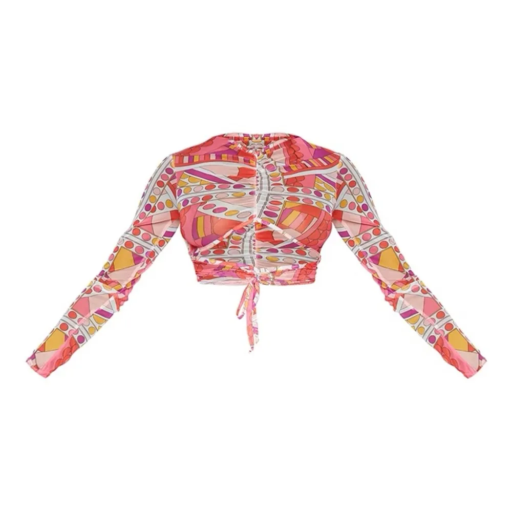 PrettyLittleThing Multi Abstract Print Ruched Underbust Cut Out Crop Top size 12 - Image 5