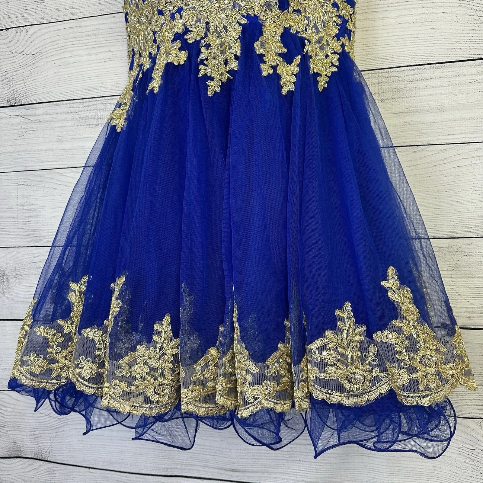 Tulle Prom Homecoming Dress‎ Blue & Gold High Neck Tank Above Knee Length Size 4 - Image 2